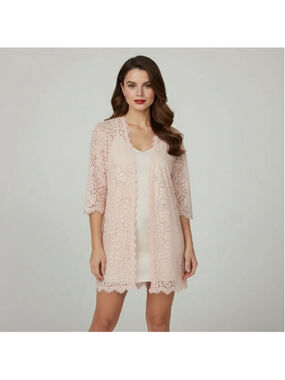 Isaac Mizrahi Live! XS Light Pink Lace 3/4 Sleeve Floral Lace Cardigan